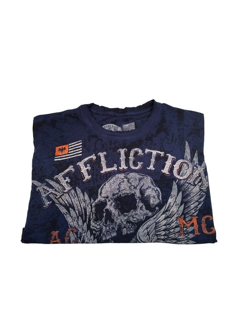 Affliction Destroyed Mens Graphic Tee Skull Dark Blue in His Size XL